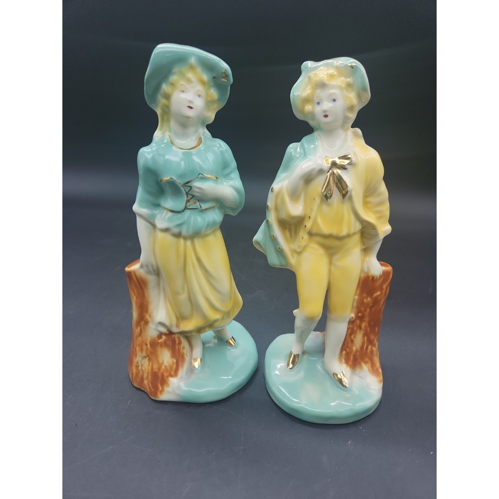 Vintage Stanford Pottery Ohio Figurine Colonial Set Yellow Green 24k Gilt 1950s